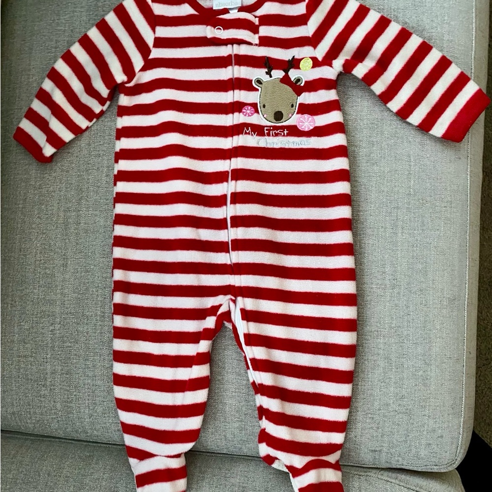 Absorba Red and White Striped Footie with Reindeer